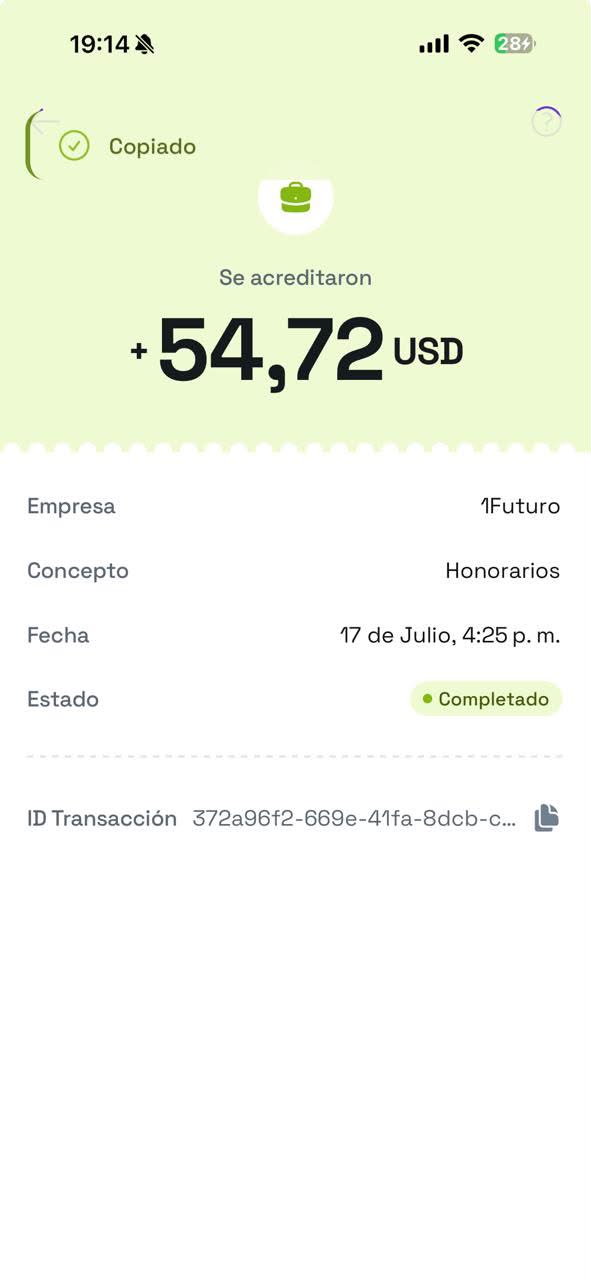 Comprobante de pago 1Futuro por USD 54,72 acreditados