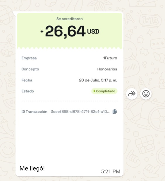 Comprobante de pago 1Futuro por USD 26,64 acreditados