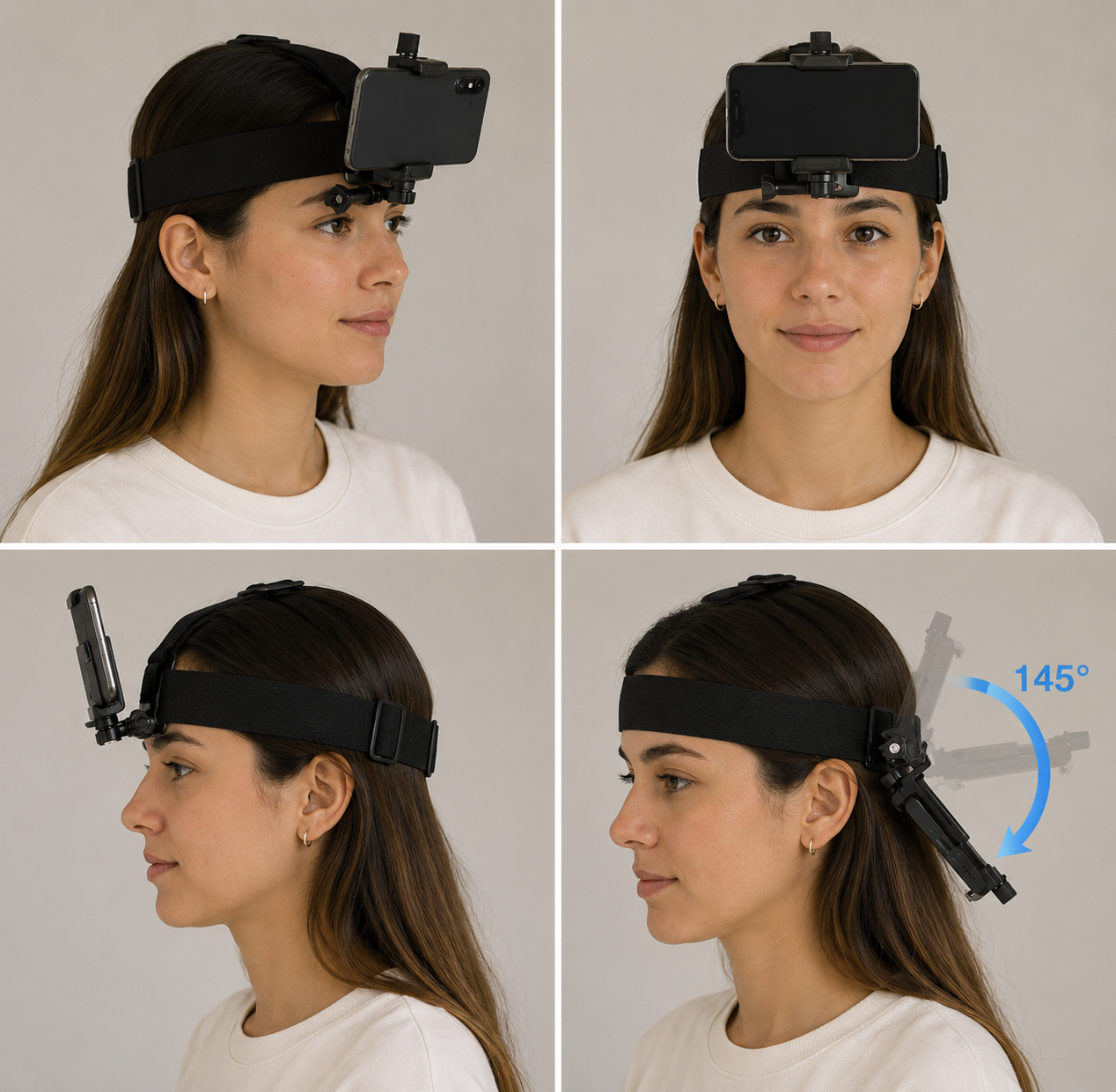 Soporte de cabeza con celular — 4 vistas mostrando cómo se coloca