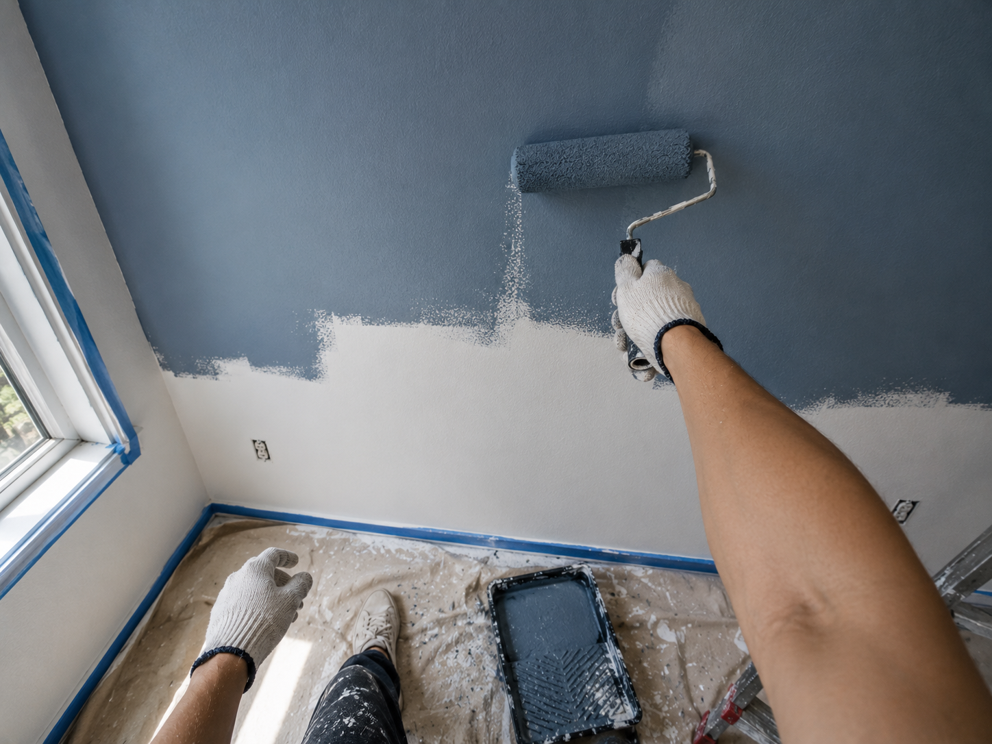 POV pintando una pared con rodillo color azul — tarea de oficio para 1Futuro