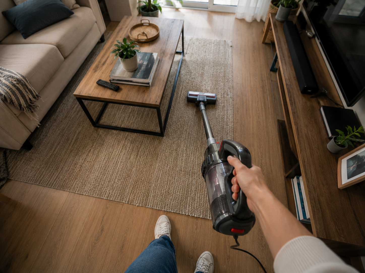 POV aspirando el living con aspiradora vertical — tarea cotidiana para 1Futuro