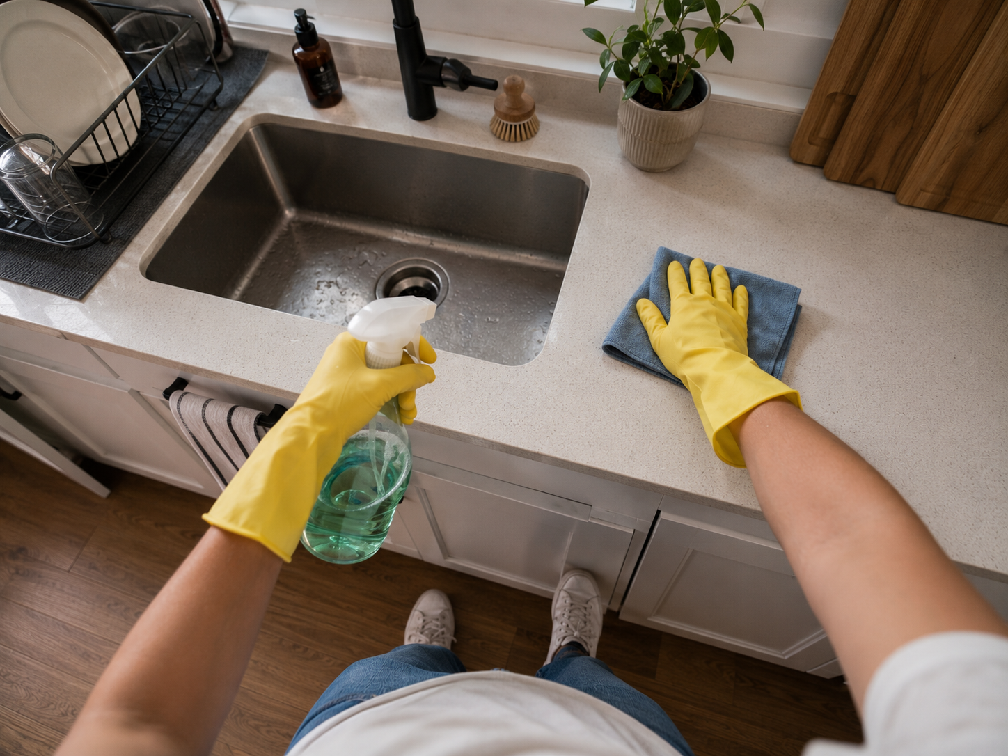 POV limpiando la mesada de la cocina con guantes amarillos — tarea cotidiana para 1Futuro