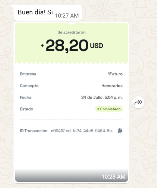 Comprobante de pago 1Futuro por USD 28,20 acreditados