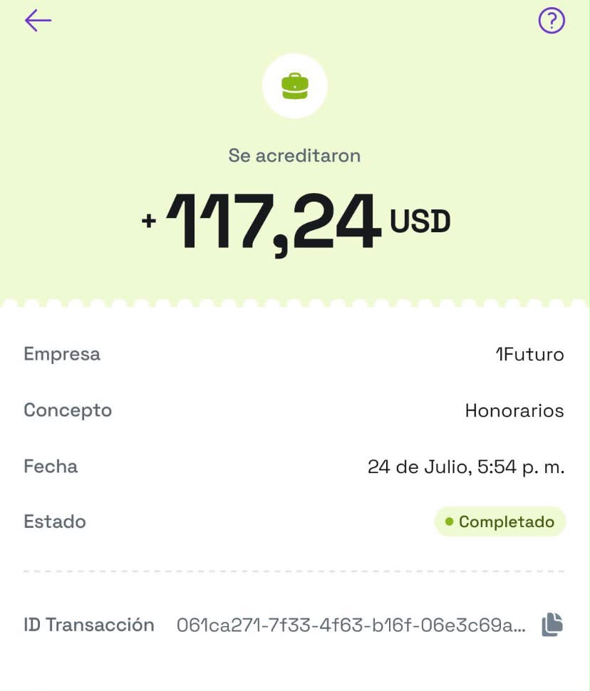 Comprobante de pago 1Futuro por USD 117,24 acreditados