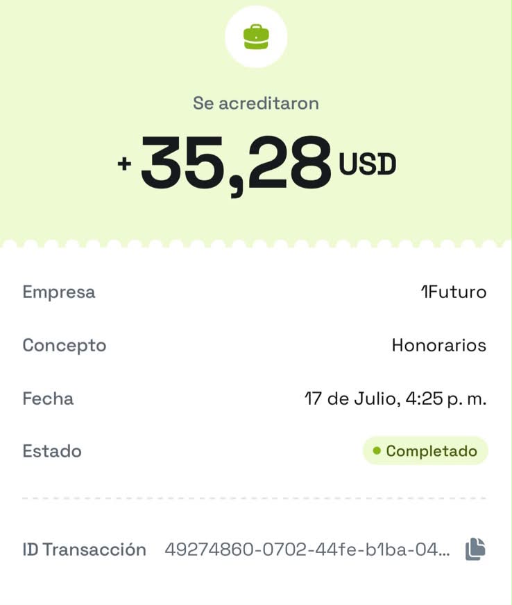 Comprobante de pago 1Futuro por USD 35,28 acreditados